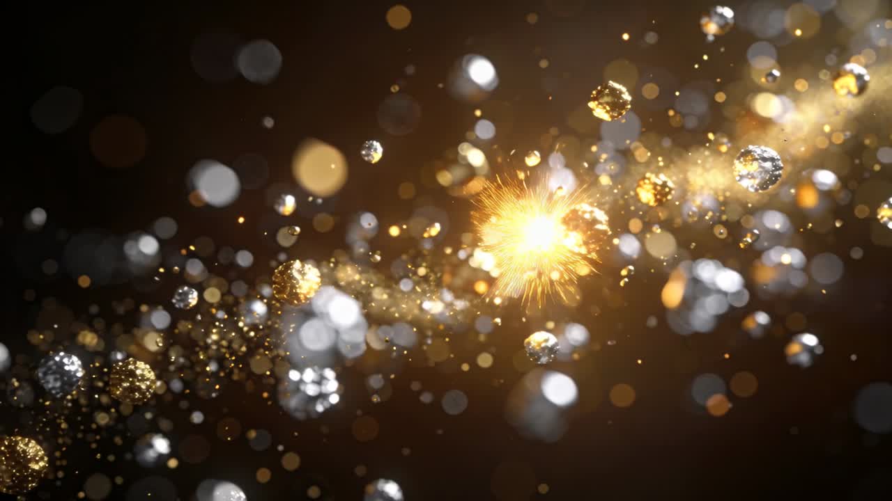 Video verticale: Nastro metallico scintillante che scorre in uno studio buio, un flash invia sfere d'oro e d'argento