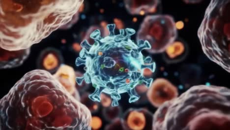 stunning visualization of viral particles interacting with host cells, highlighting the complexity of microbial life and immune responses under magnification