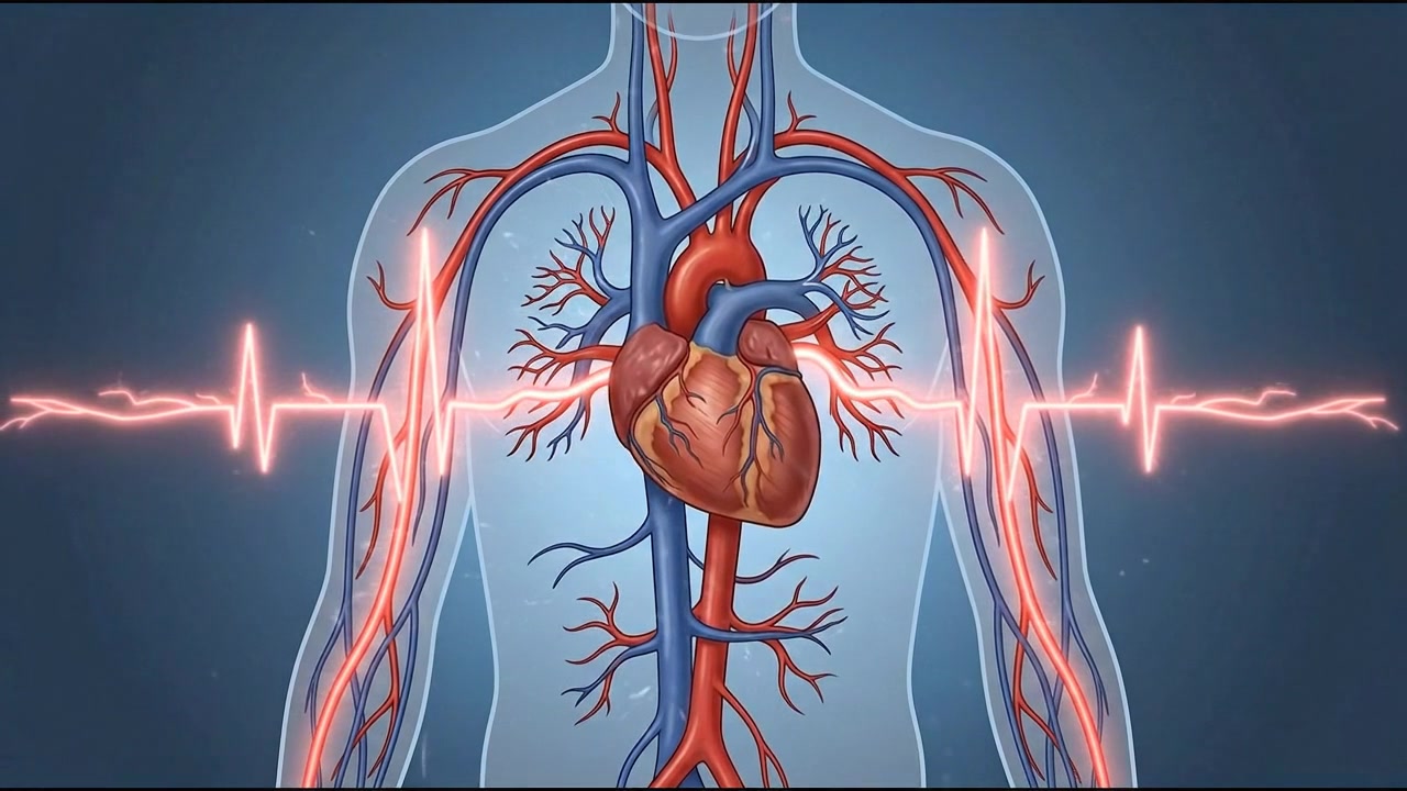 Parte superiore del corpo trasparente che mostra cuore, arterie, vene e il sistema circolatorio completo