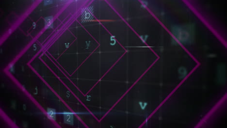 animatie van een tunnel met neonvormen over gegevensverwerking op zwarte achtergrond