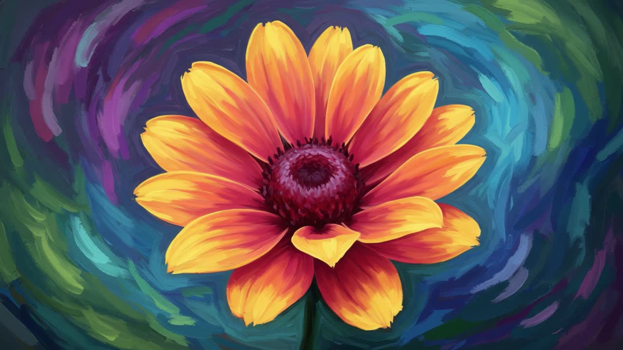 A Vibrant Flower in Bold Hues: Capturing the Beauty of Nature with Rich Colors and Swirls, Focusing on the Intricate Petals and Central Detail