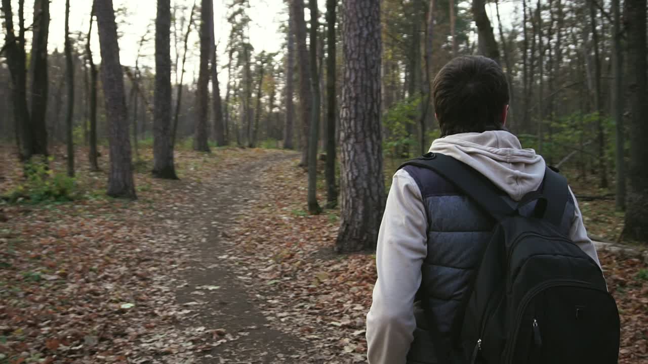 hombre caminando en el bosque en otoño