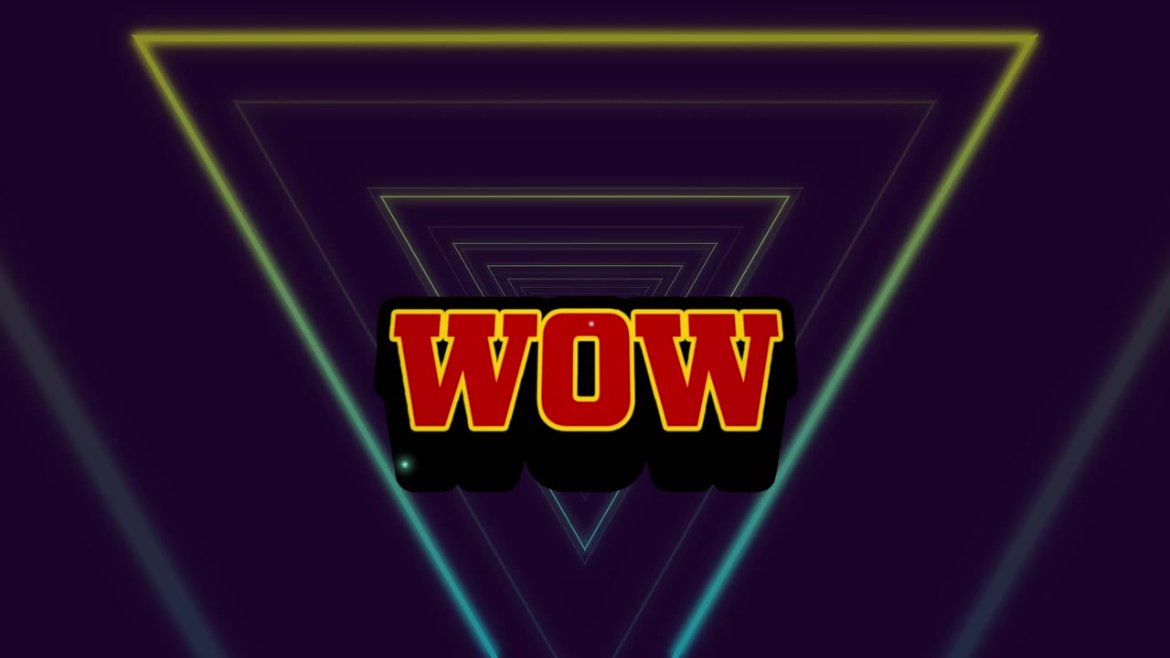 Animation of wow text over moving colorful geometrical shapes on dark background