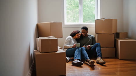 young couple rests on the floor surrounded by moving boxes in their new home
