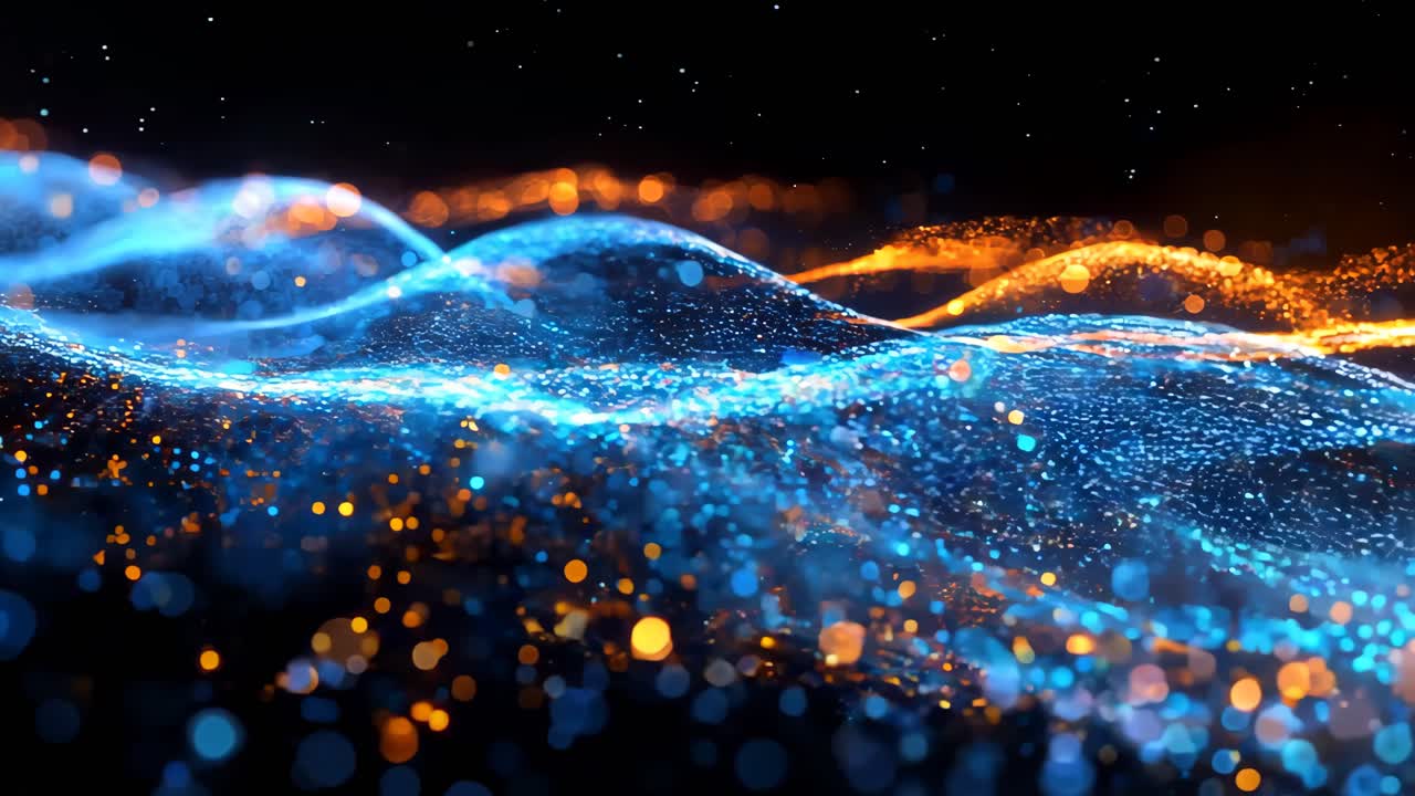 A blue and orange wave of light with a lot of sparkles. The blue and orange colors are bright and the sparkles add a sense of movement and energy to the scene