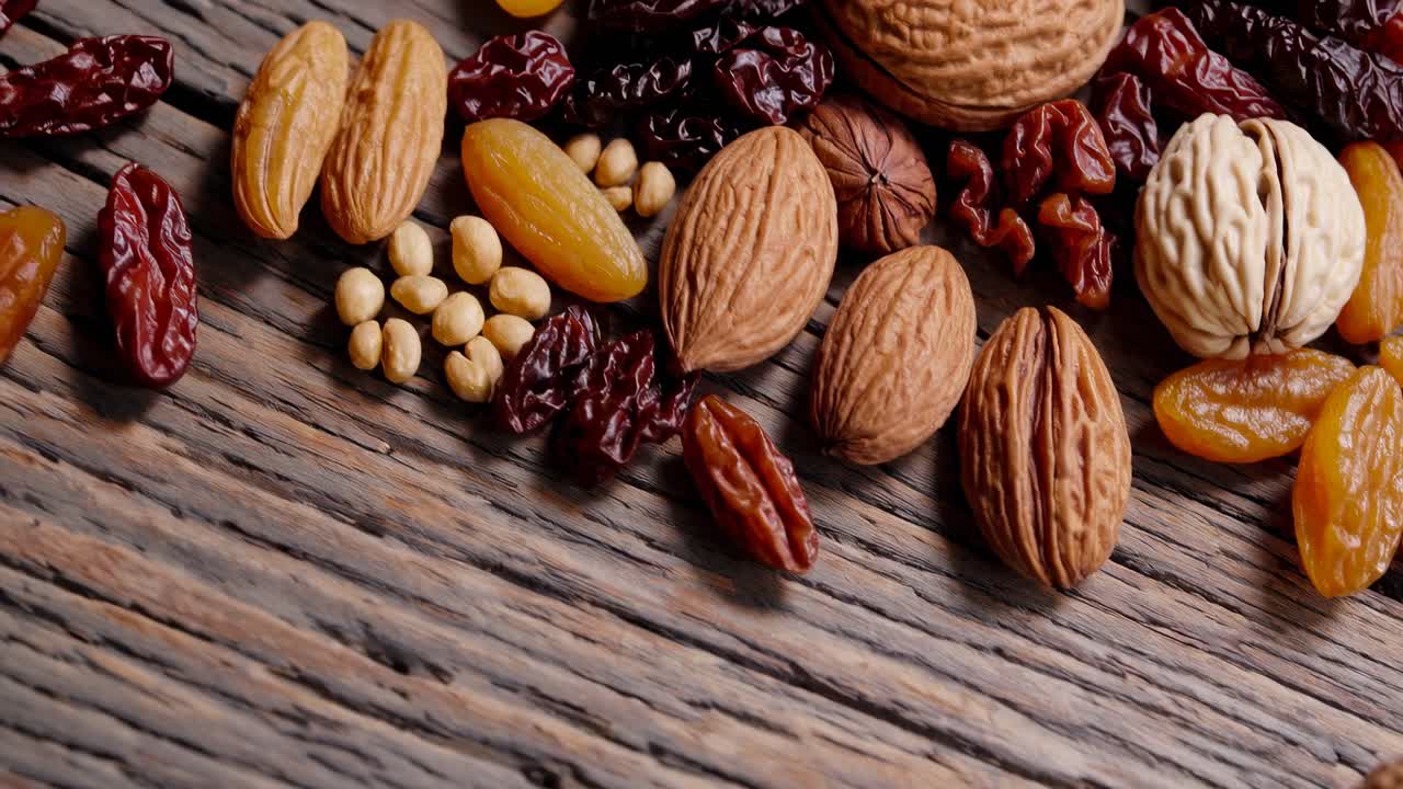 Close-up, top-down view of assorted nuts and dried fruits on rustic wooden surface