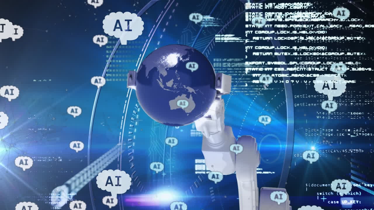 animación del procesamiento de datos sobre el brazo del robot y el fondo oscuro