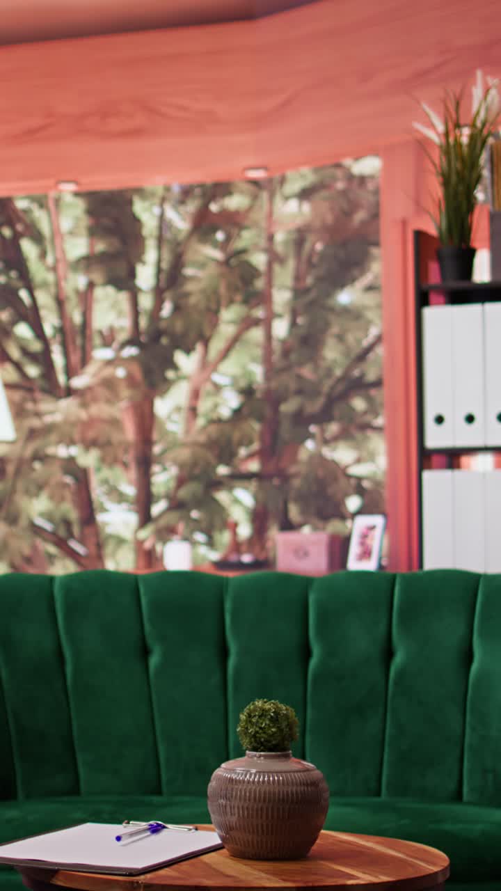 Empty Modern Office Waiting Room with Green Sofa