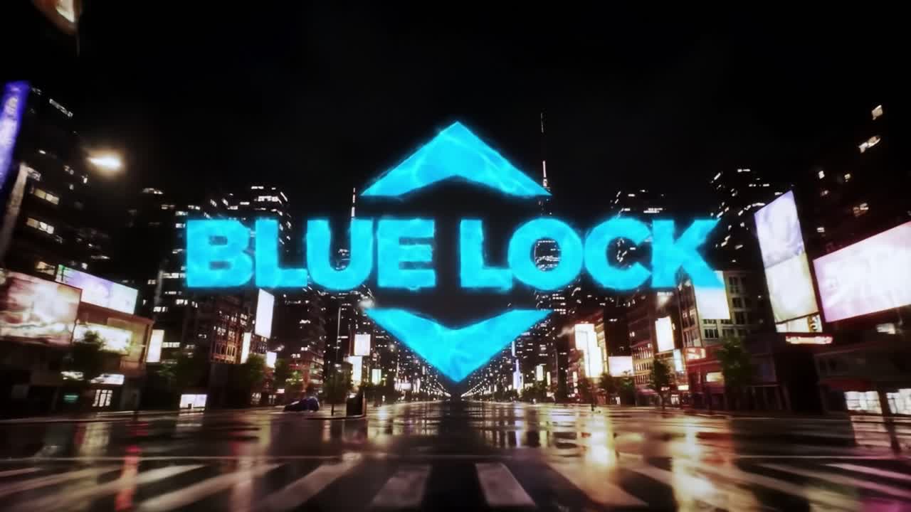 Dynamic Neon Signage in Urban Setting: The Blue Lock Logo Illuminates a Nighttime Cityscape with Reflections on the Wet Pavement, Capturing a Futuristic Atmosphere