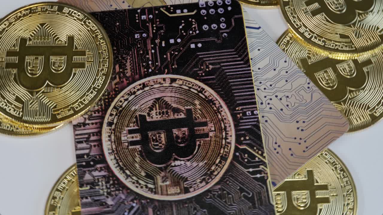 비트코인 신용카드와 동전은 백색 표면에 회전하여 암호화폐, 분산 금융 및 디지털 결제를 상징합니다.