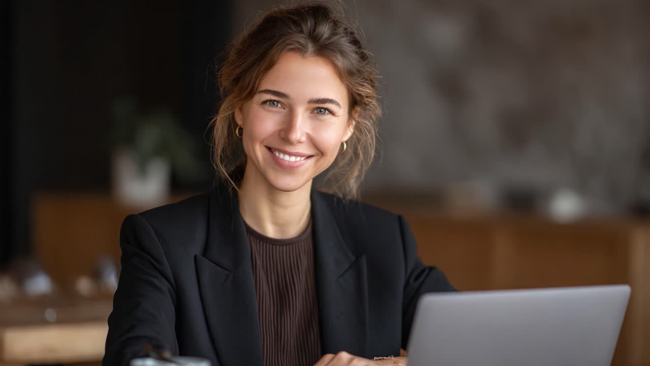 Un giovane professionista sicuro di sé con un elegante blazer nero sorride mentre lavora al portatile, dimostrando equilibrio e determinazione in un moderno spazio di lavoro.