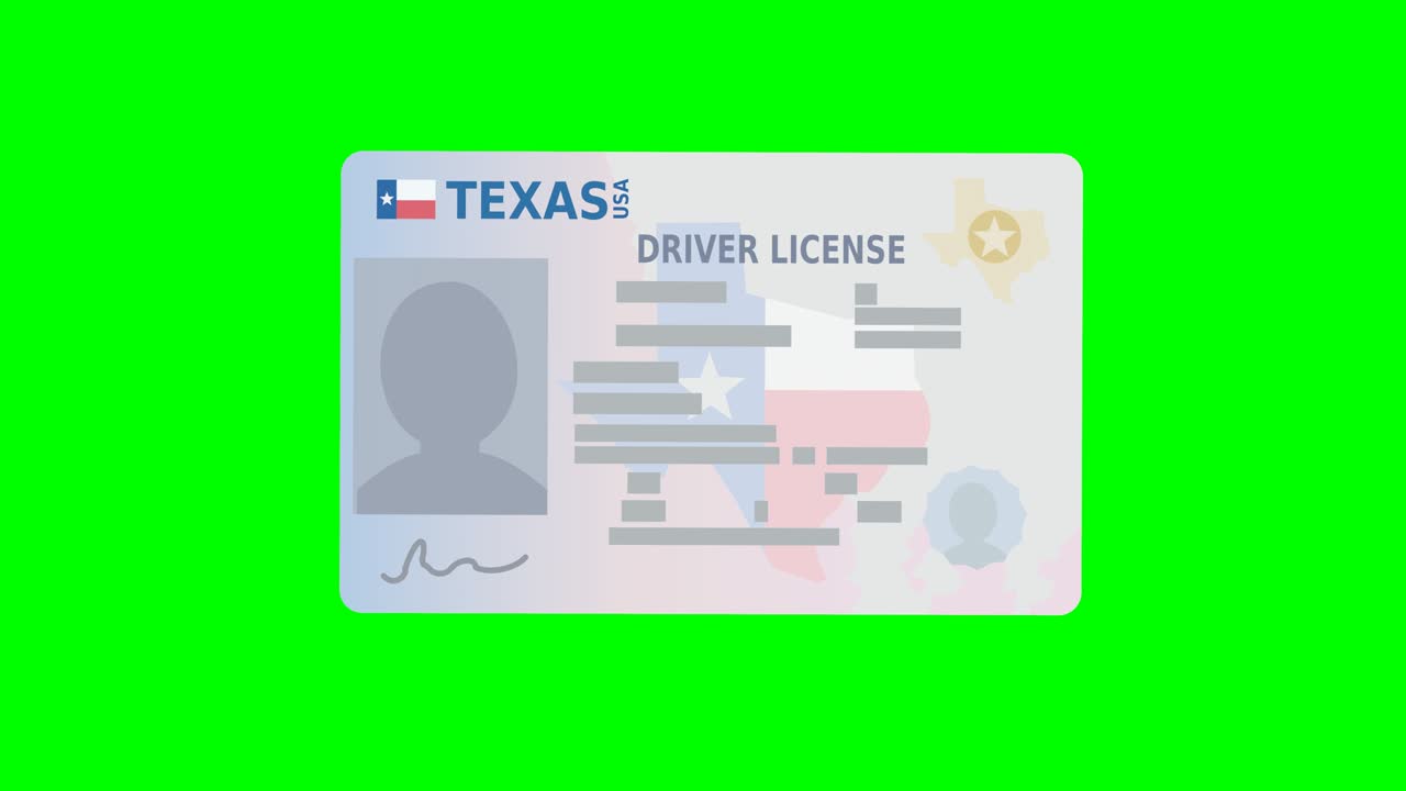 una mano presenta una licencia de conducir de texas en fondo verde (diseño plano)