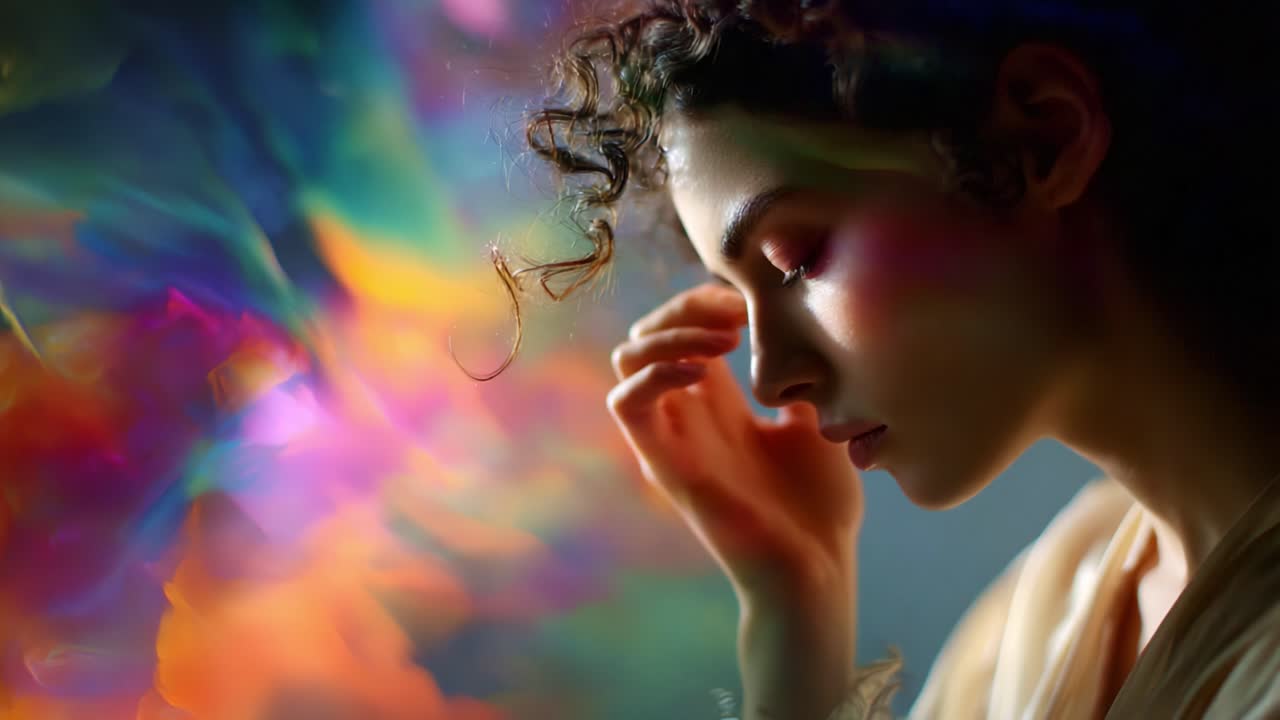 A Captivating Moment of Reflection: A Woman in Profile Lost in Thought Against a Vivid, Colorful Background, Highlighting Emotions and Artistic Expression through Light and Color