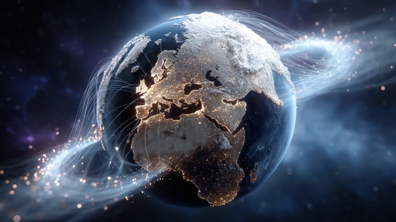 A Stunning Digital Representation of Earth Showcasing Glowing Continents and a Cosmic Aura, Surrounded by Spiraling Light Trails in a Starry Background