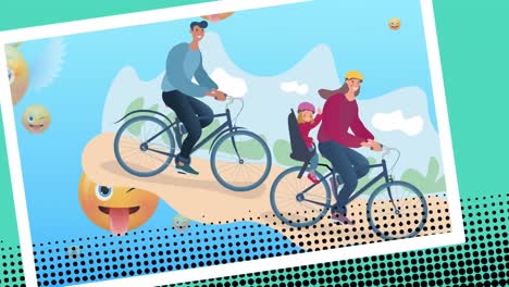 animation of family cycling together icons and emoji icons on blue background