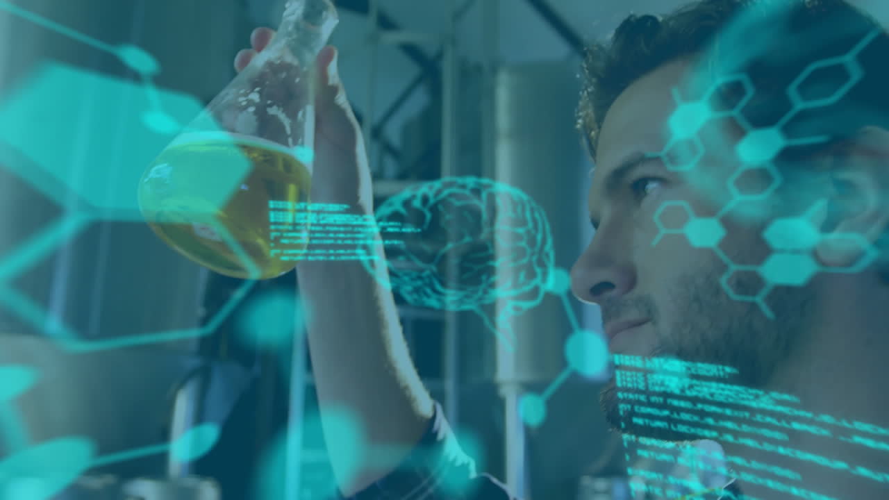 examinando el frasco, el científico con el cerebro procesamiento de datos animación sobre el fondo de laboratorio