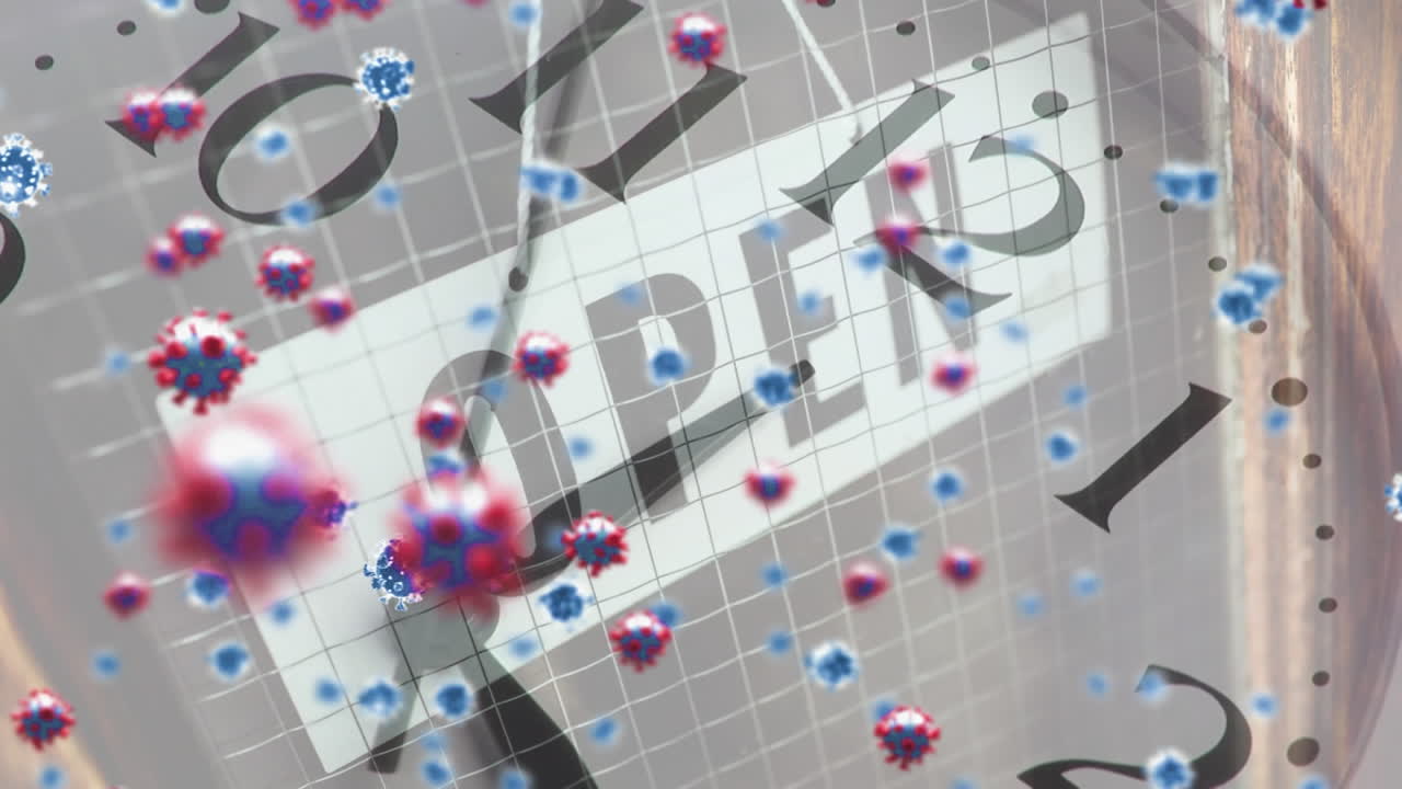 떠다니는 거시 코로나19 세포의 애니메이션과 움직이는 시계 오버 표시 오픈