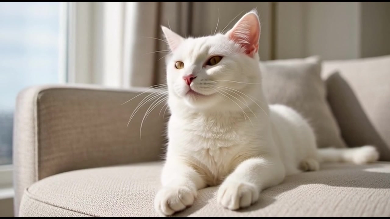 Kucing Putih Merawat Diri Sambil Beristirahat di Sofa