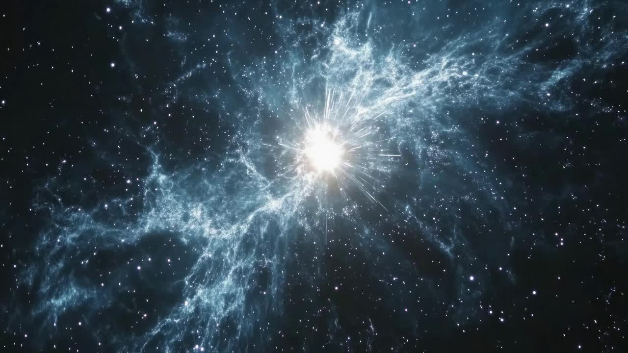 Dynamic video concept with a cosmic energy theme. Captured from a central angle, featuring vibrant