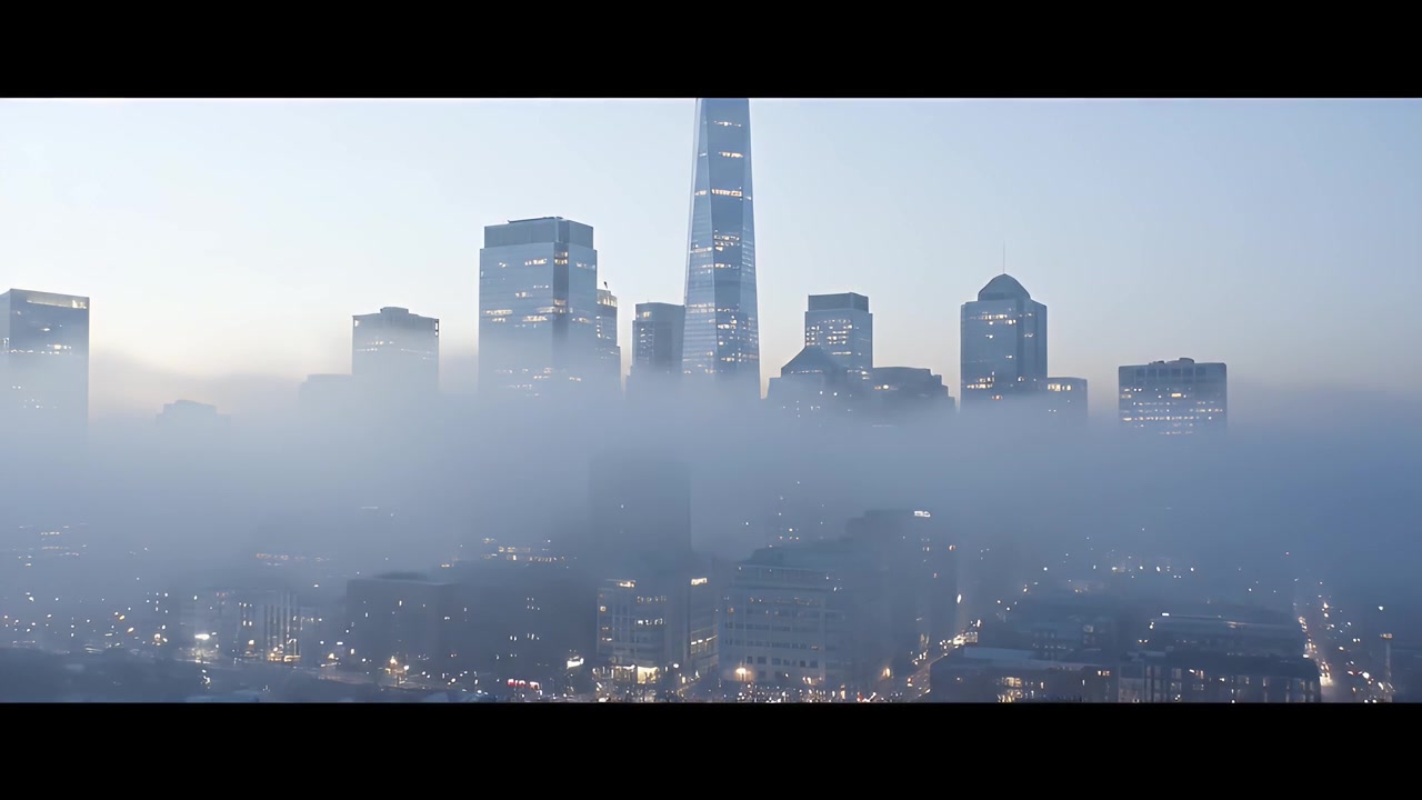 Dense Fog Rolling Over Modern City Skyline at Dawn