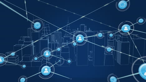 animation of network of connections with icons over digital cityscape on blue background