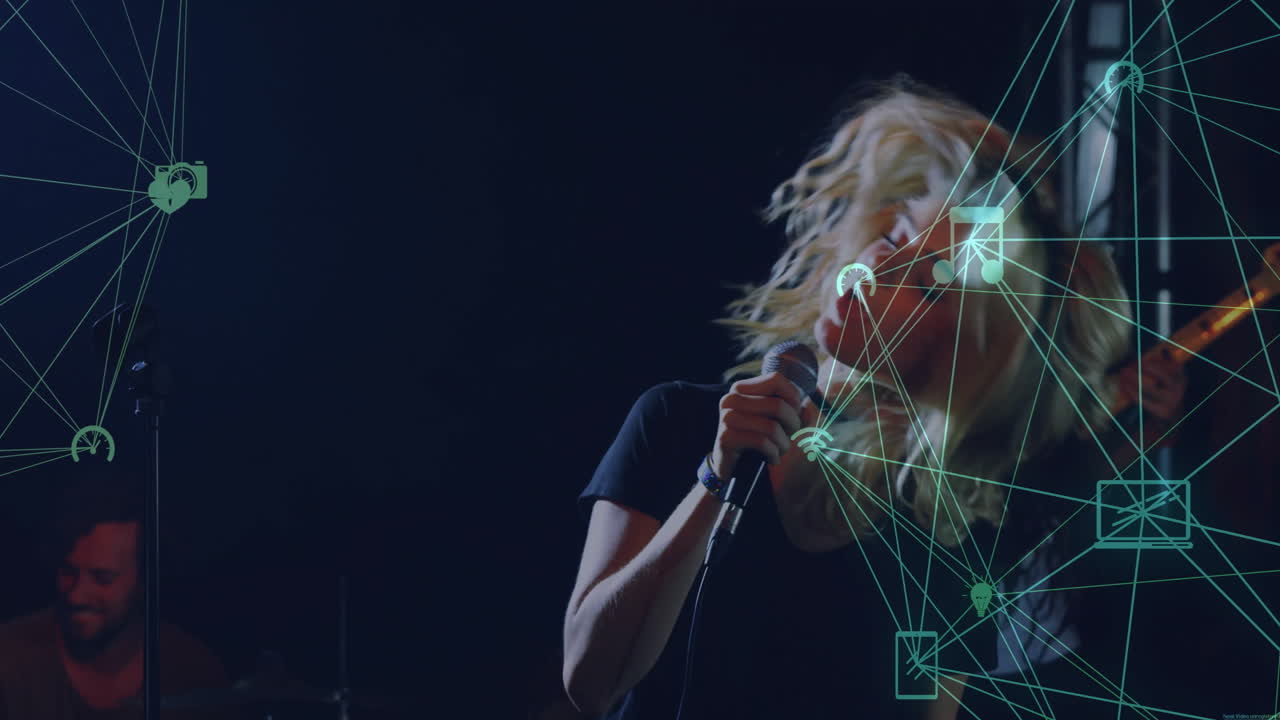 Singing into microphone, woman with band over network connections animation