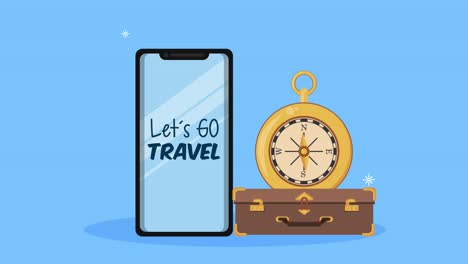 vamos a viajar con letras en el teléfono inteligente con maleta y brújula