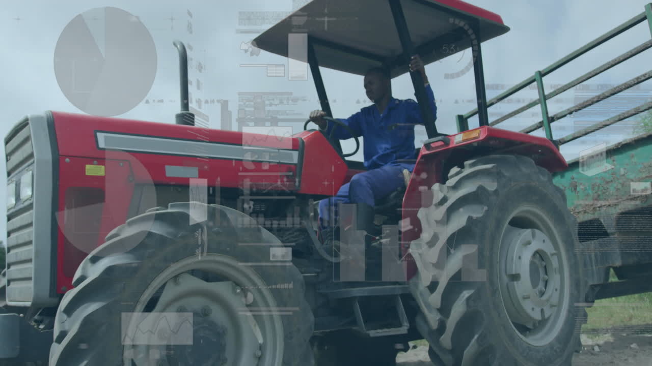 male farm operator adjusting tractor controls in farm tech scene, with data charts and HUD floating
