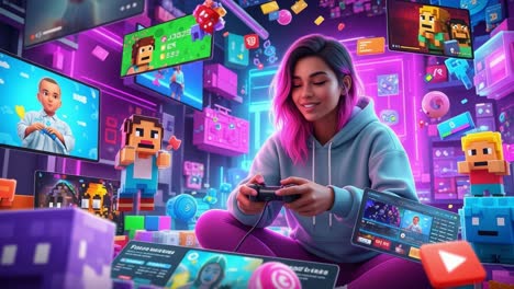 engaging gamer: a vibrant scene featuring a young woman immersed in gaming, surrounded by colorful pixelated characters and dynamic digital displays showcasing her thrilling gaming adventures