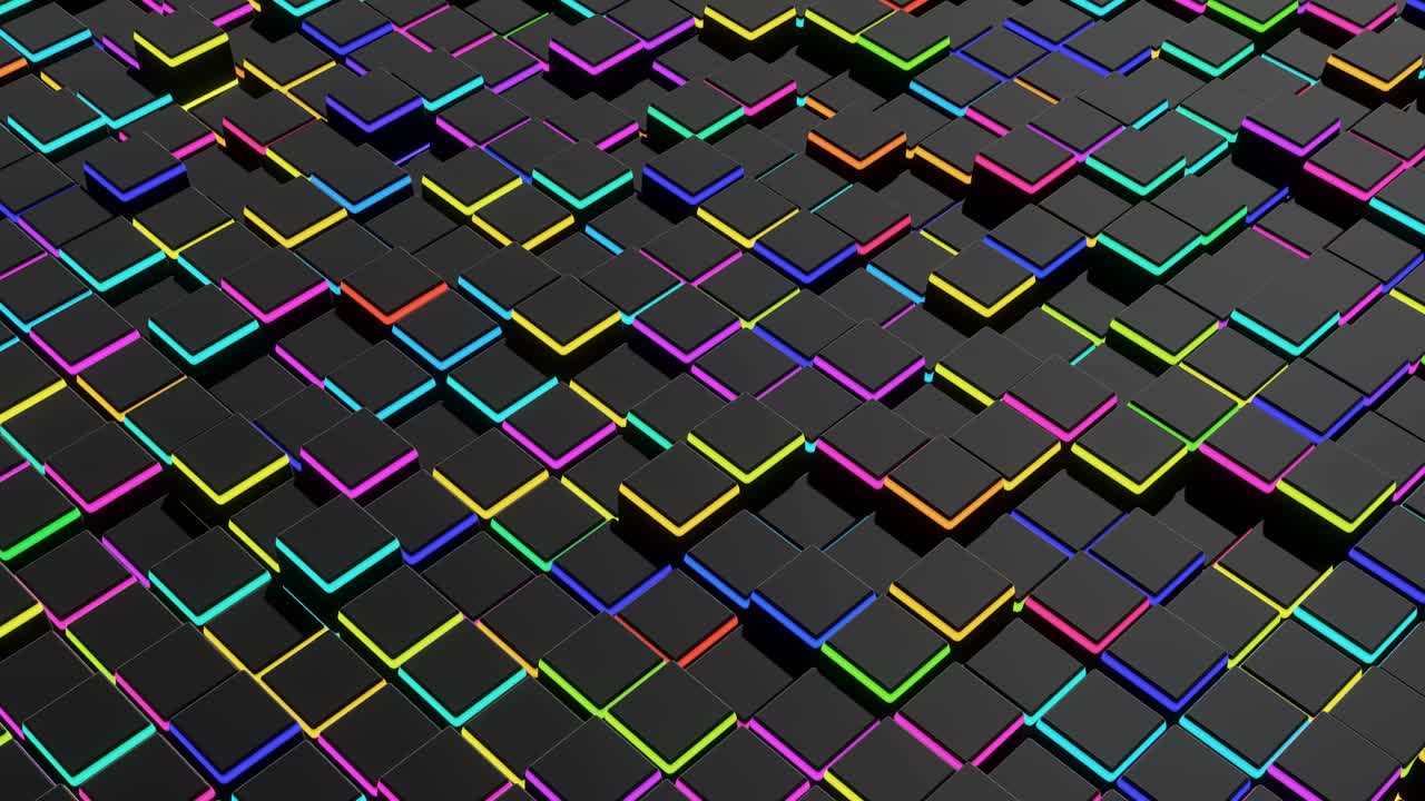 4k abstracto con bucle de fondo oscuro ondas de cubos en el plano y luces de neón. cuadrícula de cubos como bombillas de neó. vj estilo de neón cyberpunk bg para evento, presentación. diseño de movimiento simple clásico telón de fondo
