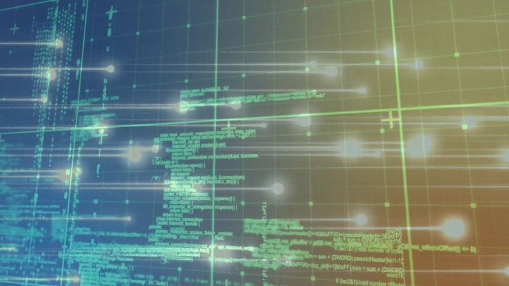 Animation of data processing over dark background
