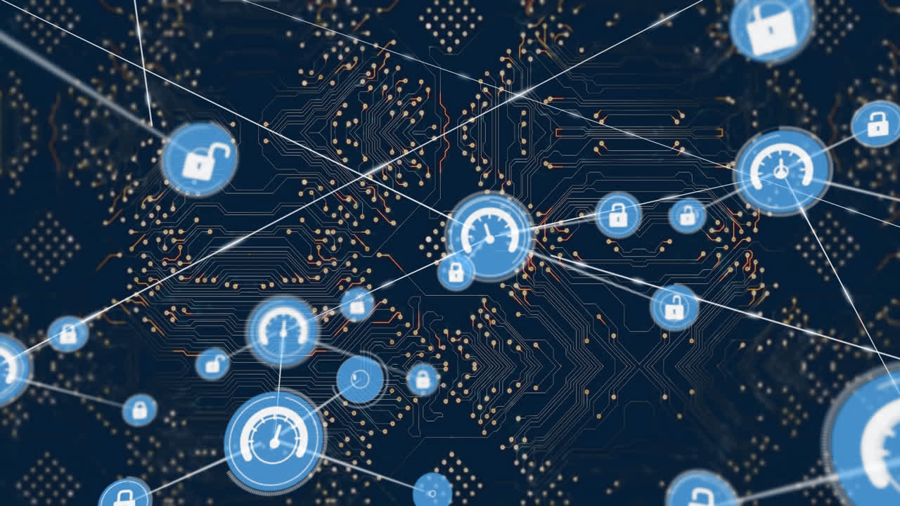 Animation of circuit board and network of connections on dark background
