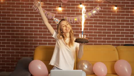 happy woman having a virtual party in quarantine period though video call