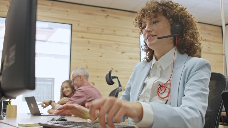 Žena pracující v call centru se sluchátky