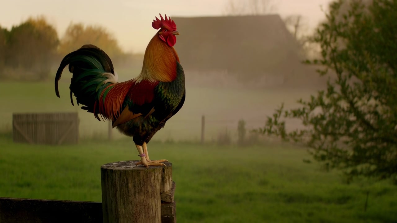 Gallo colorato appollaiato su un palo di recinzione all'alba nebbiosa, che canta mentre la luce dorata illumina il pascolo rugiadoso.