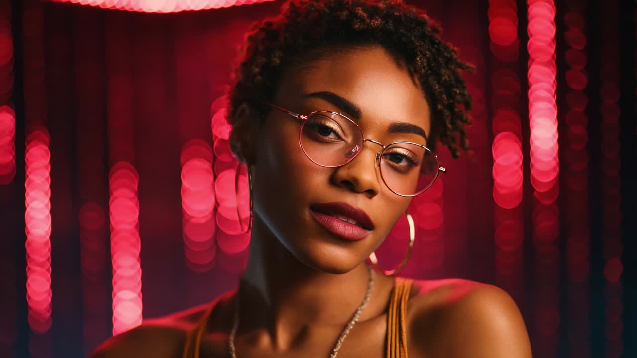 Captivating Portrait of a Stylish Young Woman with Glasses Against a Vibrant Red Background, Showcasing Bold Accessories and Artistic Lighting, Highlighting Beauty and Individuality in Modern Photography