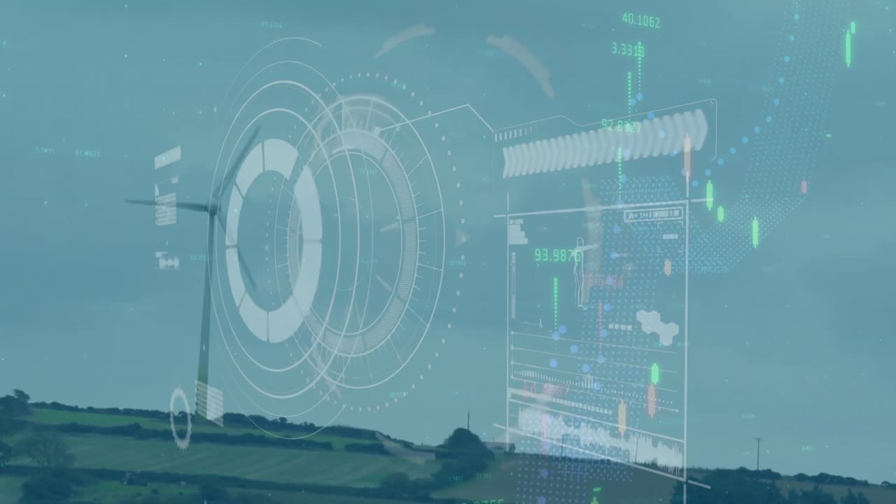 animación del radar, el gráfico y la barra de carga sobre el molino de viento en el paisaje contra un cielo despejado.