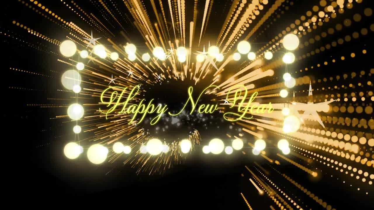 디지털로 생성 된 새해 축하 텍스트와 검은 바탕에 움직이는 빛 트레일의 비디오