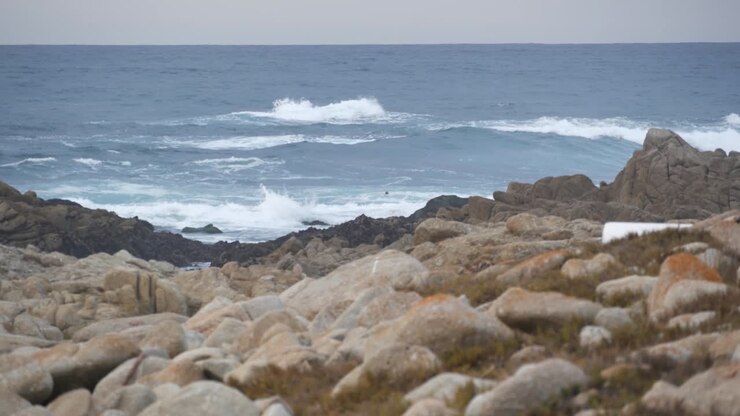 Costa oceanica rocciosa e frastagliata, onde del mare che si infrangono sulle rocce, Monterey California.