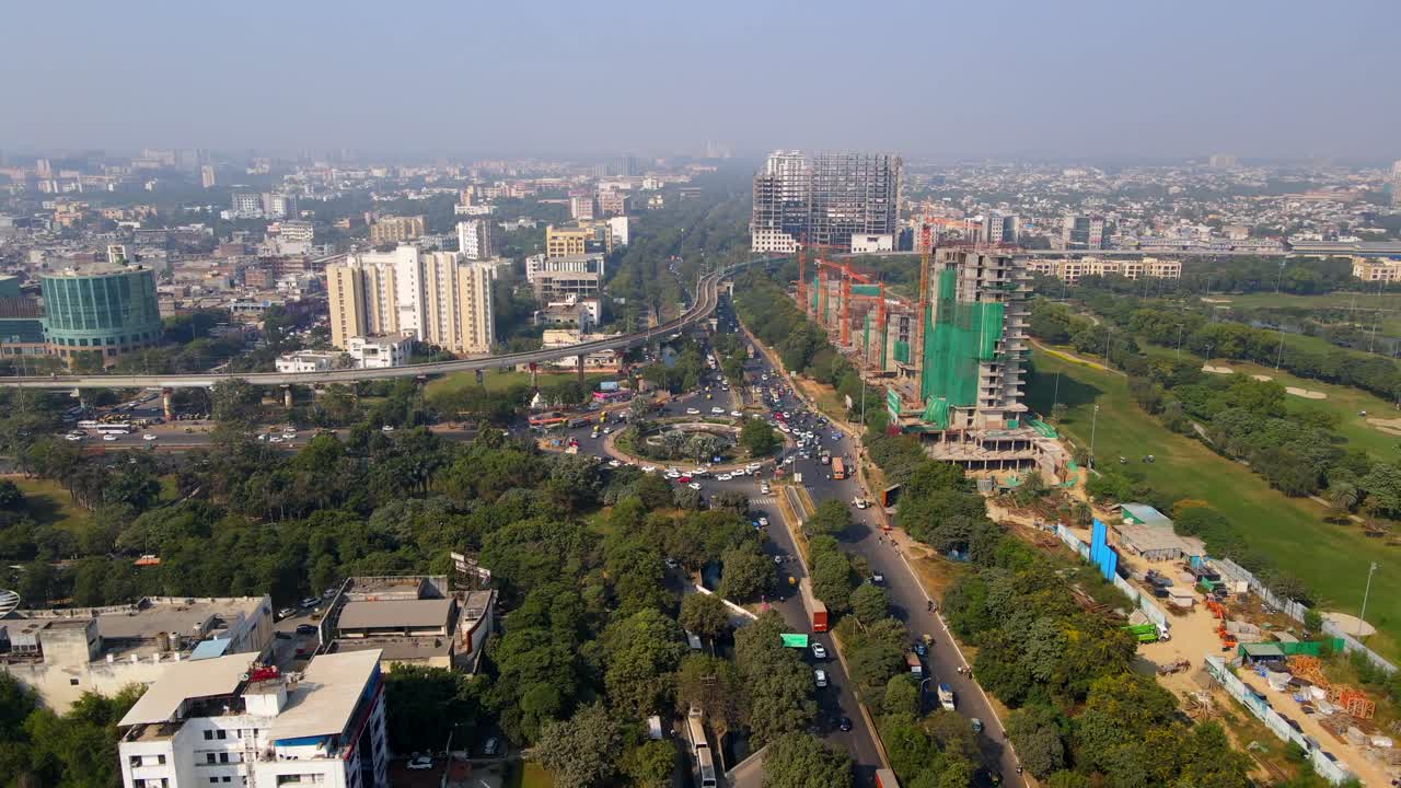 Aerial drone shot capturing Pari Chowk roundabout in Noida India