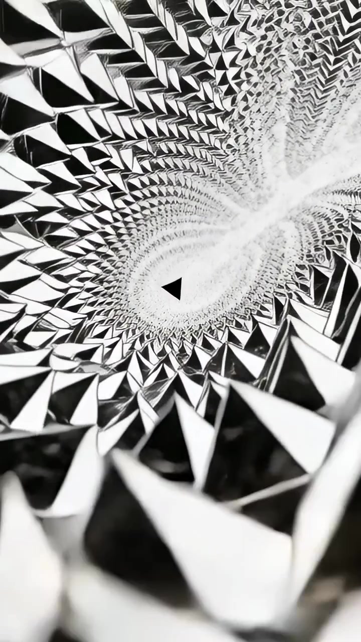 Vertical video: Moving camera shifting through spiral of tiles in CGI, revealing black marker