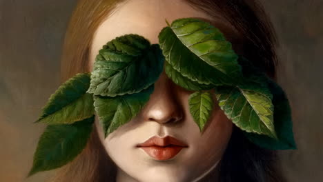 A woman's face covered with leaves