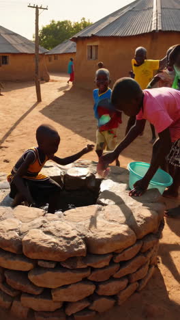 children playing around a well in a rural african village