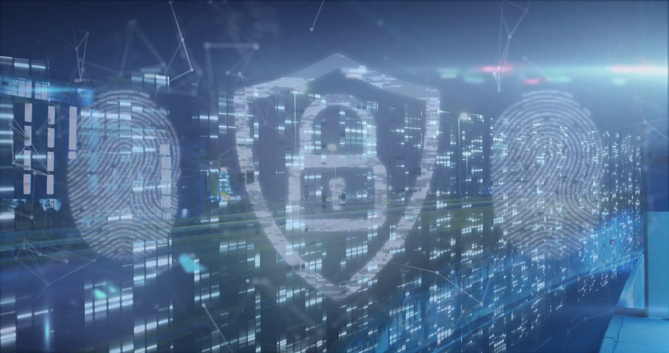 Digital security shield emerging over night city skyline, connecting holographic fingerprint icons