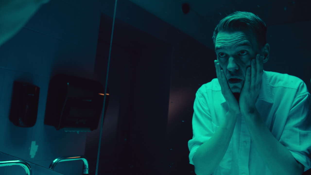 Man in Bathroom Mirror, Night Reflection