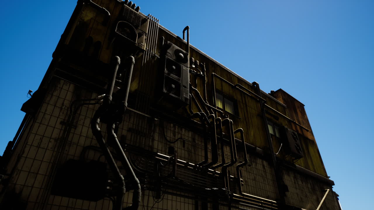Industrial building with pipes against a clear blue sky during daytime