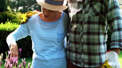 Senior-couple-looking-at-flowers-in-backyard