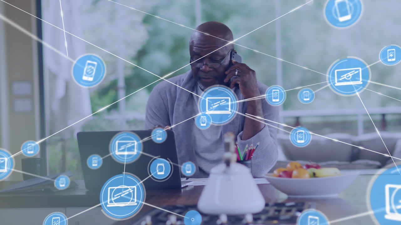 Animation of media icons over african american man talking on smartphone