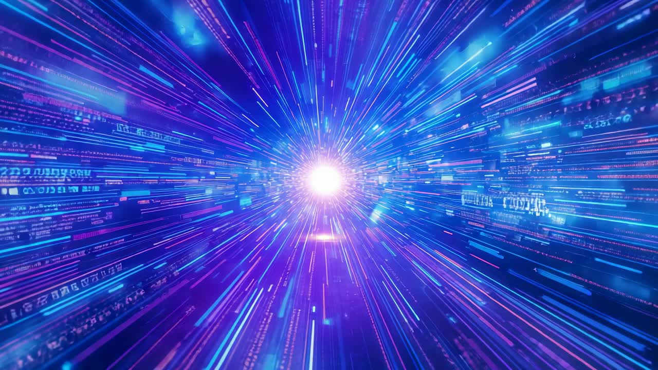 Viewer entering digital tunnel, accelerating toward white-purple orb, intensifying streaks of light