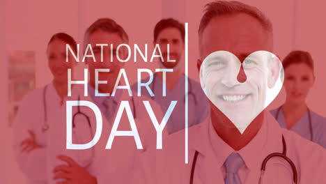 animation of national heart day text over happy caucasian doctors